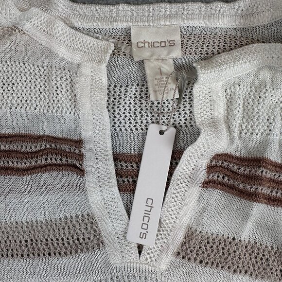 Chicos Cover Up Striped Open Knit Tassel Tie Waist Tunic Dress Beige Tan Medium - Picture 4 of 12